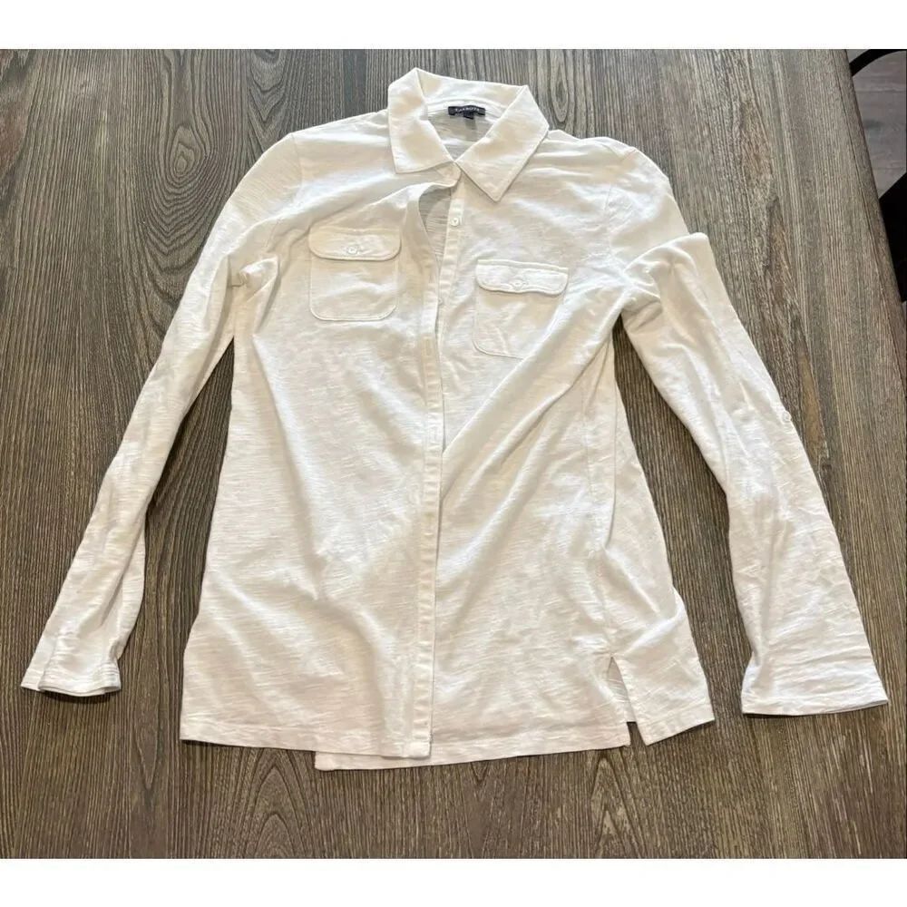 Talbots Womens Button-Up Shirt Long Sleeves Chest Pockets Cotton White Size S